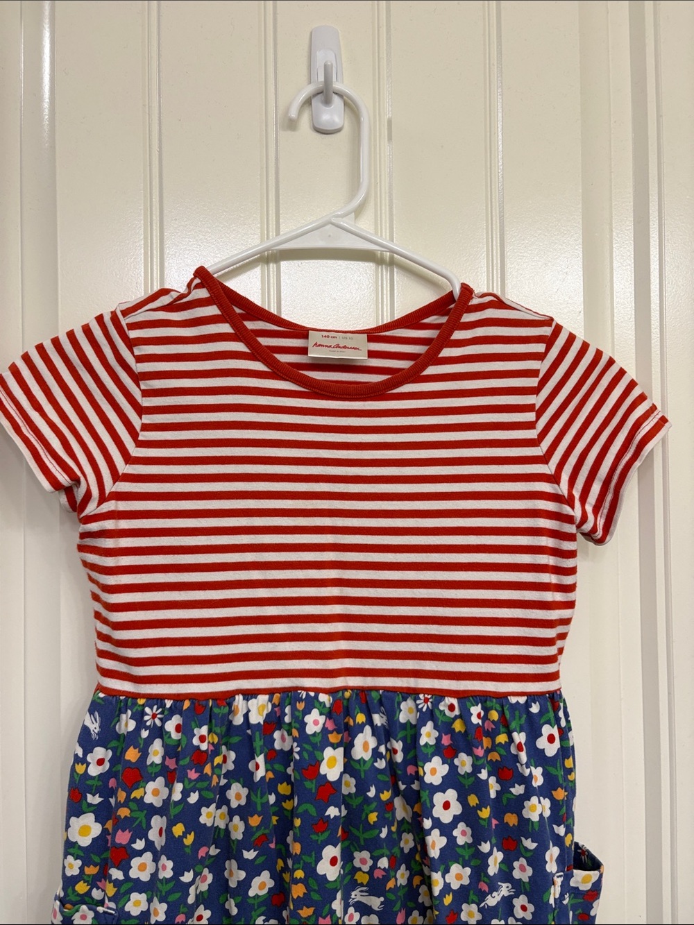 Hanna Andersson Red & Blue Floral Mixed-Print Dress Stripes, flowers, bunnies - Picture 2 of 10